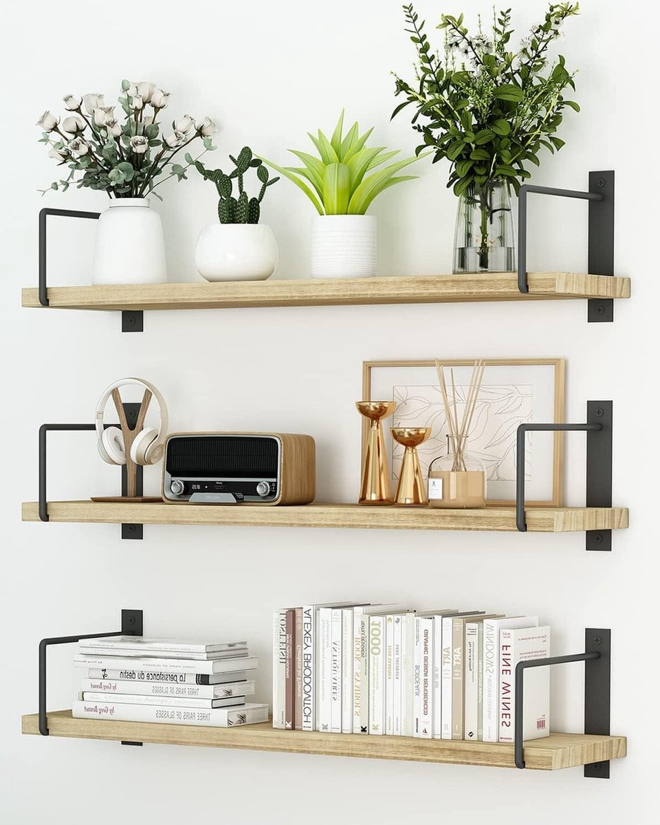 Set van 3 Rustieke Zwevende Wandplanken voor Decoratie en Opslag