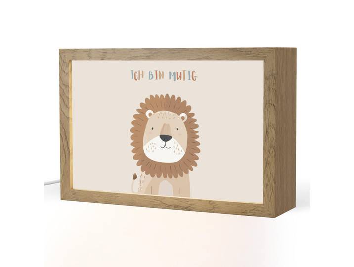 OnlyWow Nachttischlampe - Löwe - Beige - Tier - Mutig - Zitat - 30x20 cm, Holzwerkstoff, Rechteckig, LED integriert, 30x20x8 cm, Lampen & Leuchten, Innenbeleuchtung, Nachtlicht