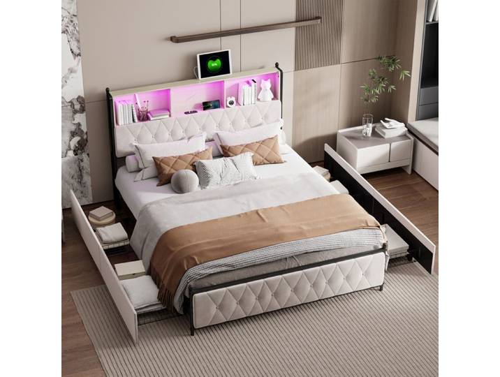 Lit 140x200 cm - RWUDV - LED - USB - 4 tiroirs - lit coffre 140x200 - lit double -lit 140x200 avec sommier 2 Personnes Velours beige