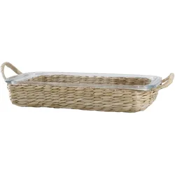 Chic Antique Glas Tablett mit geflochtenem Tablett, Auflaufform, H2,5/L34,5/B21 cm