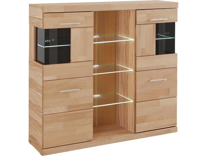 Highboard GOODPRODUCT Ribe,120cm breit,112cm hoch,Oberplatte massiv,12 Fächer , beige (kernbuche teilmassiv), B:125cm H:115cm T:35cm, Holz teilmassiv, Sideboards, Highboard, Holz massiv, Holzwerkstoff, Metall Griffe,2Türen mit Glaseinsatz