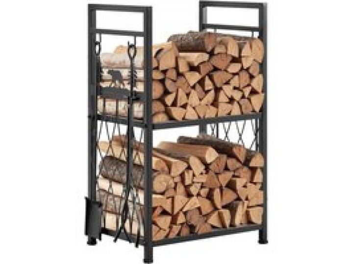 VEVOR Kaminholzregal, 455x330x765 mm, 2-stufiger Brennholzhalter mit Kaminbesteck, Bürste, Schaufel, Schürhaken, Zange, Brennholzregal, 181 kg Tragkraft, Feuerholzregal für Feuerstelle