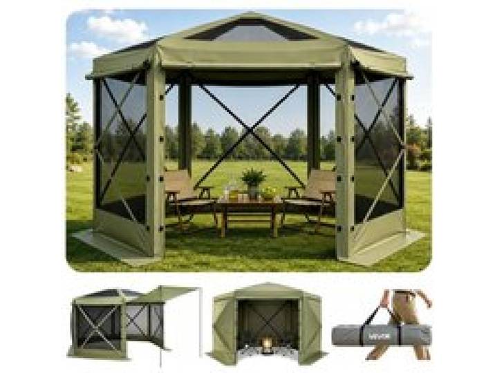 VEVOR Tente Moustiquaire Tonnelle Pop-up 3,6x3,6 m Tente Moustiquaire Pliante 8-10 Personnes Abri Solaire à 6 Côtés pour Camping en Famille Terrasse Jardin, avec Toit Amovible, Sac de Transport, Vert