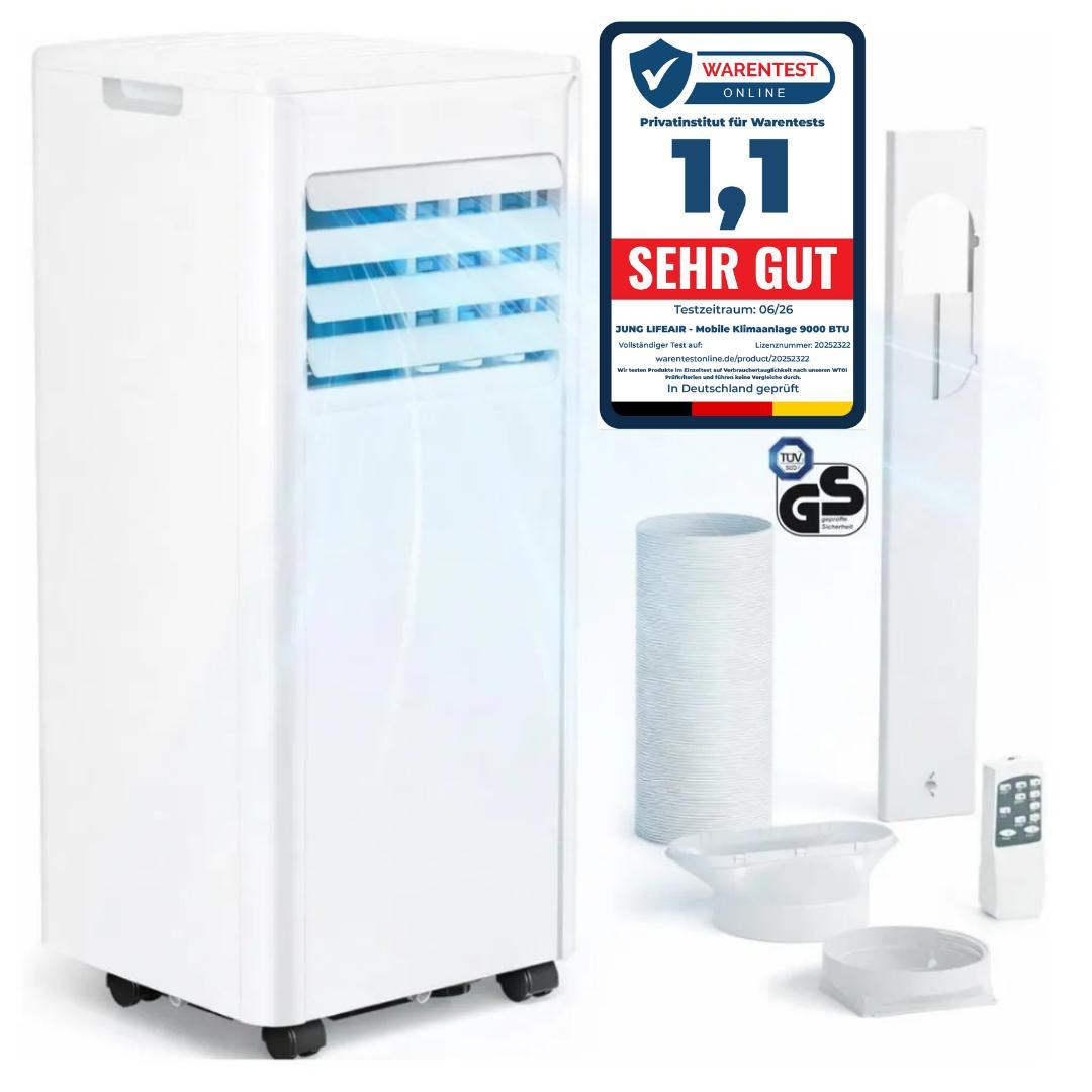 JUNG LIFEAIR Mobile Klimaanlage 1010W 3in1 Klimagerät mobil, 9000BTU, Luftkühler, Ventilator, mit Fernbedienung, leise & energieeffizient 65dB