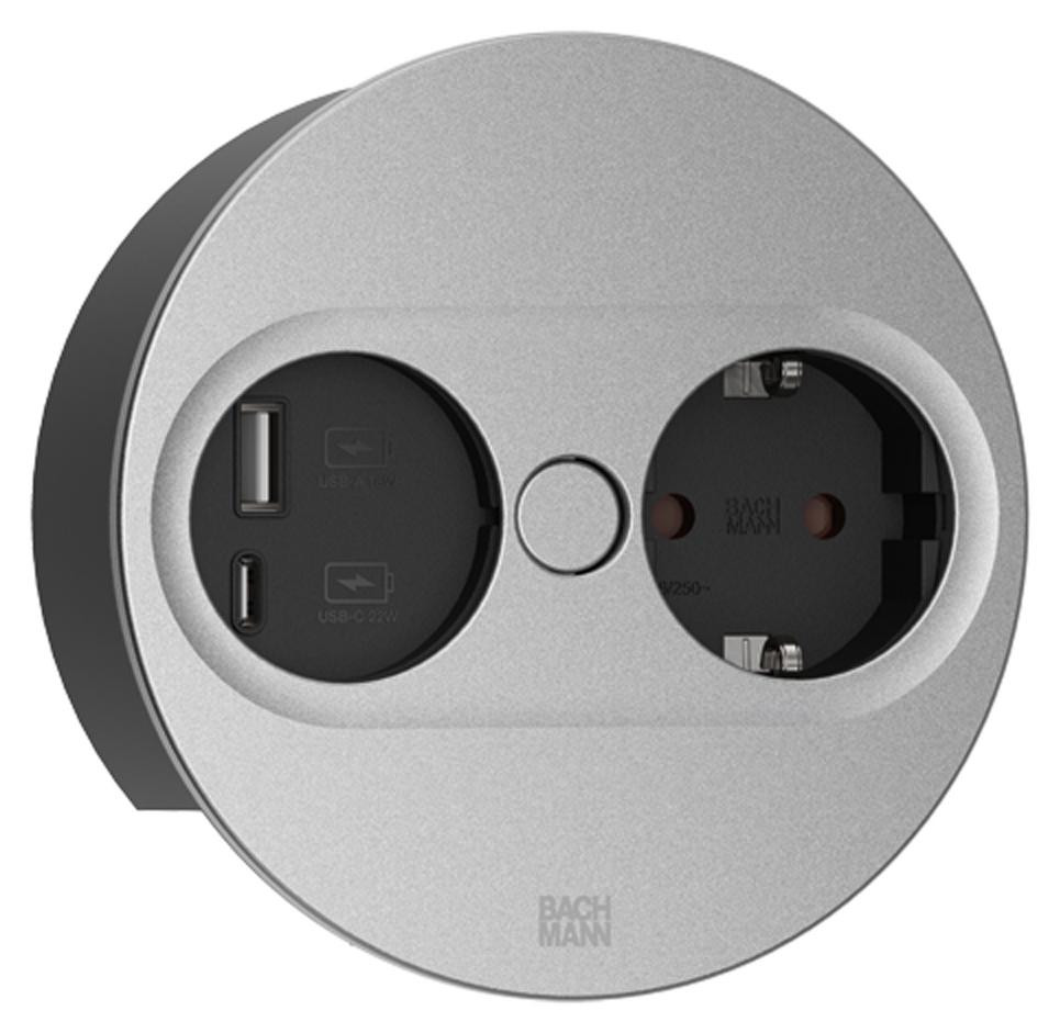 Bachmann Twist 2 stopcontact met 1x CEE7/3 en 1x USB A/C, 22W, 0,2m, GST18, zilver, rond