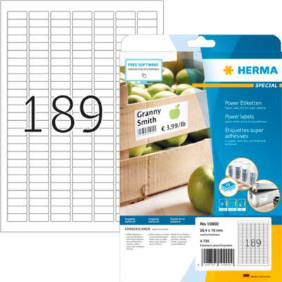 Power-Etiketten HERMA 10900, 25,4 x 10 mm, 4725 Etiketten / 25 A4-Blätter, selbstklebend, stark haftend, weiß