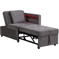 OKWISH Schlafsofa 3in1 177x68x65 Dunkelgrau mit verstellbarer Rückenlehne, LED-Beleuchtung, USB Typ-C, Leinenstoff, Multifunktional