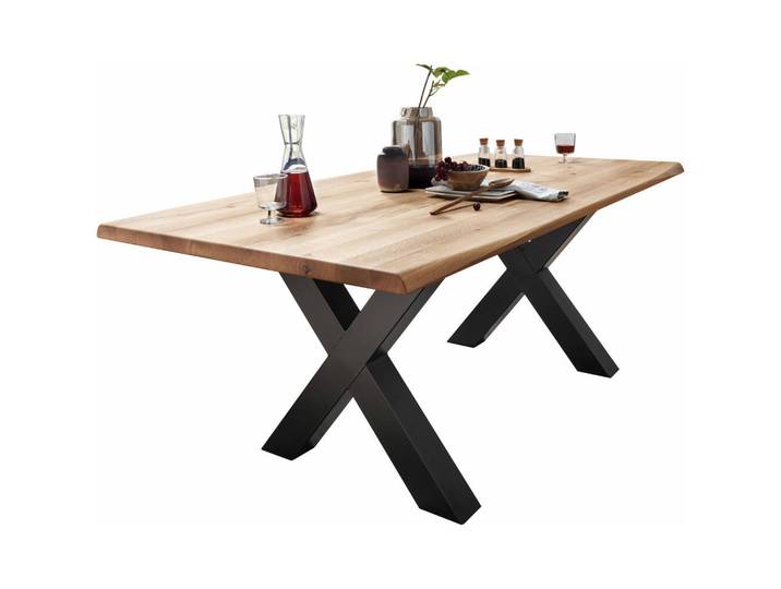 Linea Natura Esstisch, Schwarz, Holz, Wildeiche, massiv, rechteckig, X-Form, 100x75x240 cm, Fsc, in verschiedenen Größen erhältlich, Gestellauswahl, Holzmöbel, Holztische, Esstische Holz