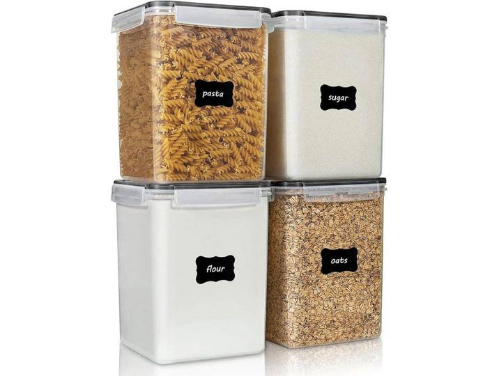 Vorratsdosen-Set 4-teilig 5.2L luftdicht stapelbar BPA-frei mit Etiketten und Messbechern, Mehrfarbig, Kunststoff, 18.6x22.6x18.6 cm, Küchenzubehör, Vorratsbehälter, Vorratsdosen