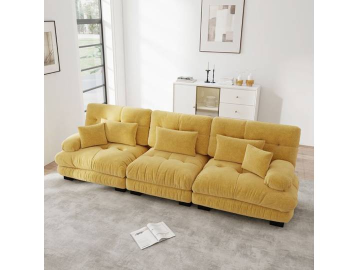 Canapé 3 Places en Chenille confortable 313 × 77 × 81 cm Canapé modulable sectionnel Cloud cadre en bois massif jaune