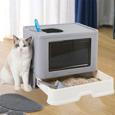 Youfap Market Foldable Cat Litter Box With Front Entry & Top Exit, Enclosed Kitty Toilet With Massager Scoop For Easy Clean Up grey