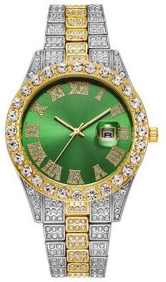 Uplifted Trends Luxury Hip Hop Stainless Steel Gold Calendar Watch For Men Iced Out Paved Rhinestones green