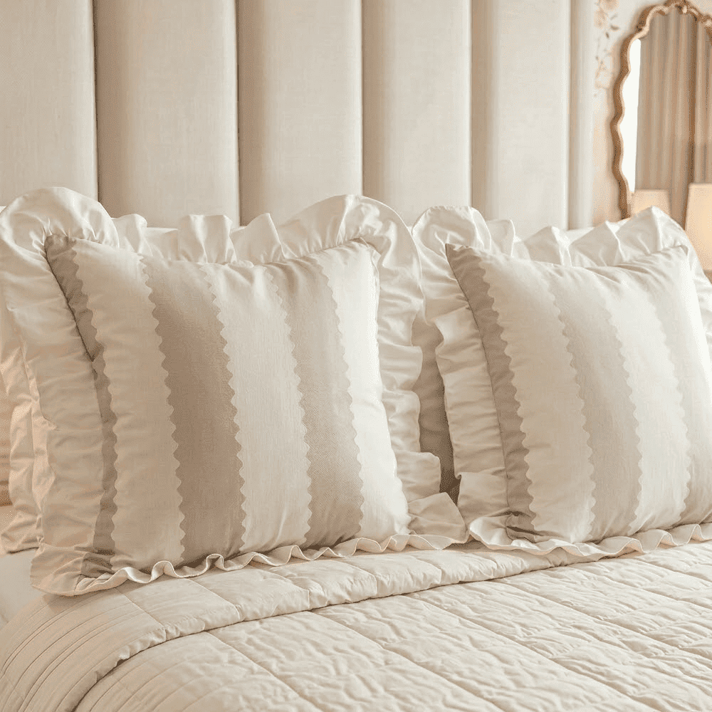 Sasha Oatmeal Striped Frilled Edge Cushion Cover - 45x45cm