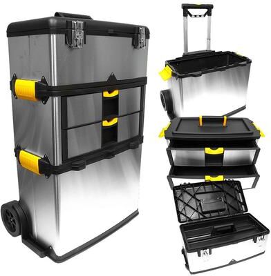 3-Part Portable Tool Box - Stainless-Steel Drawer Organizer with Wheels - Rolling Tool Chest by Stalwart (Silver)