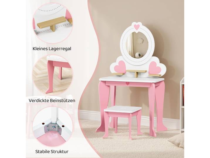 Commode en bois avec tabouret, coiffeuse pour enfants avec miroir amovible, coiffeuse princesse 2 en 1, bureau pour filles