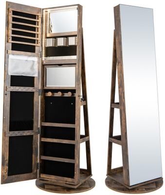 Costway 360° Rotating Mirrored Jewelry Cabinet Armoire 3 Color LED Modes Lockable-Brown