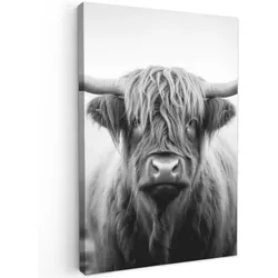 LEINWANDBILD Schottischer Highlander - Nebel - Schwarz - Weiß Wanddeko 40x60 cm