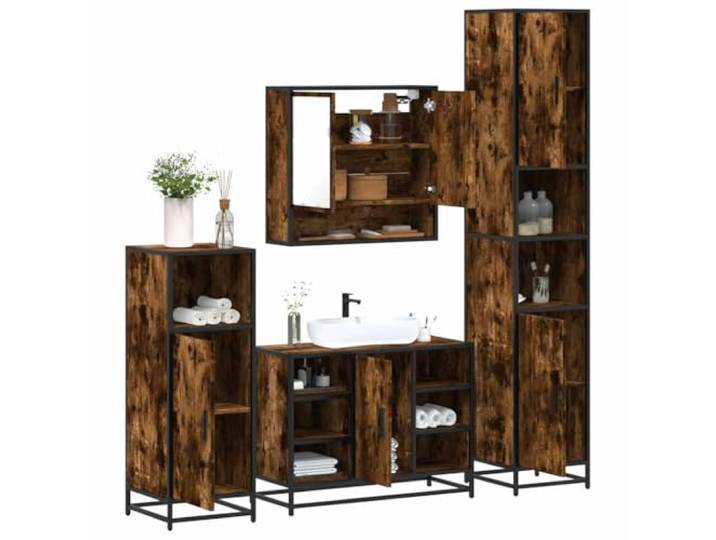 ZQQLVOO 4-TLG. Badmöbel-Set Räuchereiche Holzwerkstoff Metallgestell,Lowboard,Waschbeckenunterschrank,Spiegelschrank,Wandmontage,Stauraum,Öffnung für Waschbecken,Industrie-Look
