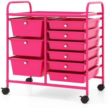 Costway 9-Drawer Rolling Storage Cart with Colorful Drawers and Metal Frame-Light Pink