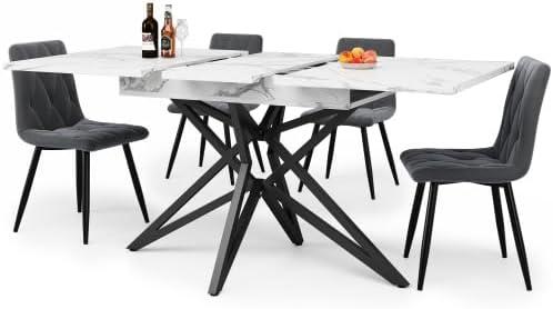 Esstisch ausziehbar 120/160 cm, Küchentisch mit Marmordekor, sternförmigen Metallbeinen, für 6-8 Personen, platzsparender Esszimmertisch, Schwarz/Weiß