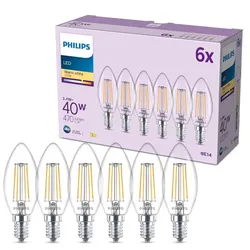 6er Set Philips LED Filament Kerzenlampe B35 3,4W wie 40W 470lm 2700K E14 Warmweiß 300° klar nicht dimmbar