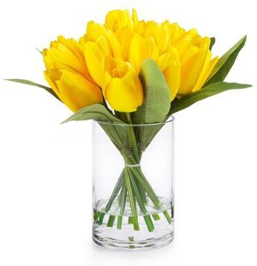 Enova Home Artificial 18 Heads Fake Tulips Silk Flowers in Glass Vase with Faux Water for Home Wedding Decoration