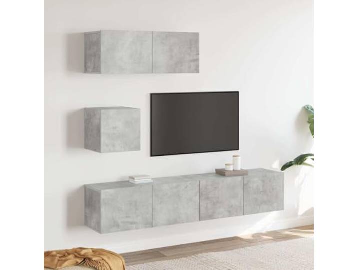HEFZGDB 4-TLG. TV-Schrank-Set Betongrau Holzwerkstoff mit Wandmontage und viel Stauraum für Multimedia
