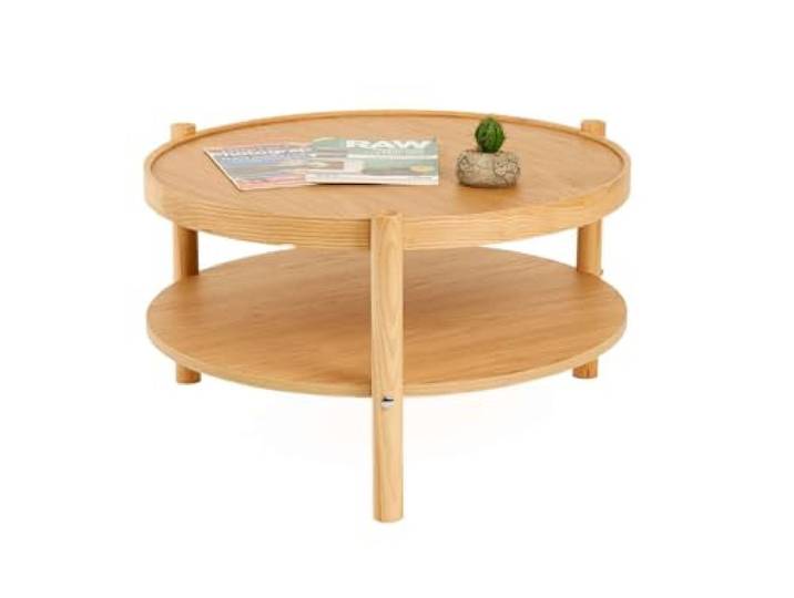 ASIR Solid Wood Coffee Table, Oak Color, 80 cm Diameter, 48 cm Height 100% Solid Wood, 18 mm Thickness Stylish & Durable for Modern Living Spaces