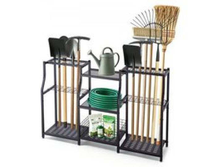 VEVOR Gartengeräte Ständer 1235x290x795mm 3-Stöckiger Gerätehalter Schwarz, Aufbewahrungsregal für Garage Schuppen Garten, Organizer aus Stahl für Besen Mopp Rechen, mit Ablagefächern & Nivellierfüßen