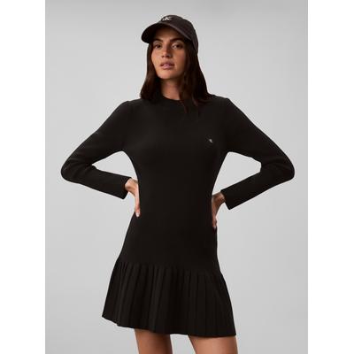 Minikleid CALVIN KLEIN JEANS "MOCKNECK MINIDRESS", Damen, Gr. L, N-Gr, schwarz, Web, Obermaterial: 100% Baumwolle, unifarben, regular fit mini, Rundhals, eingesetzt gerader Abschluss, Kleider Minikleid, Regular fit mit Falten