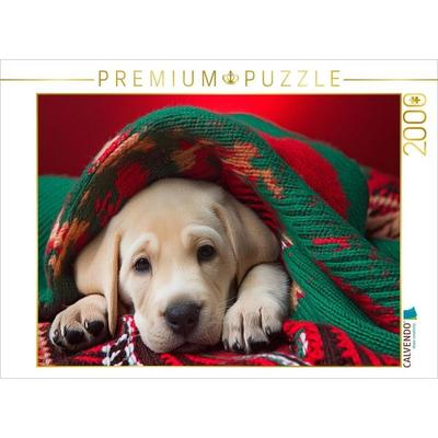 CALVENDO Puzzle Ein müder Labrador Retriever Welpe liegt unter einer rot grünen Decke | 2000 Teile Lege-Größe 90x67cm Foto-Puzzle für glückliche