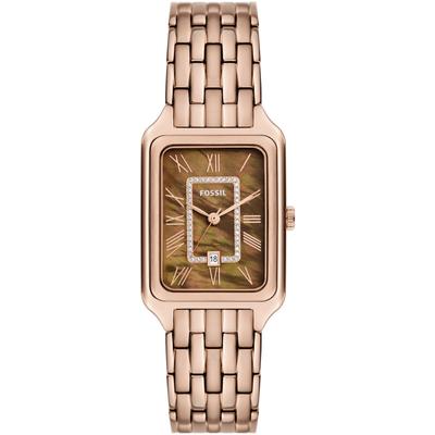 Quarzuhr FOSSIL "RAQUEL", gold (roségoldfarben, braun), Armbanduhren, Damen, Quarzuhr, Armbanduhr, Damenuhr, Datum, analog, Edelstahlarmband