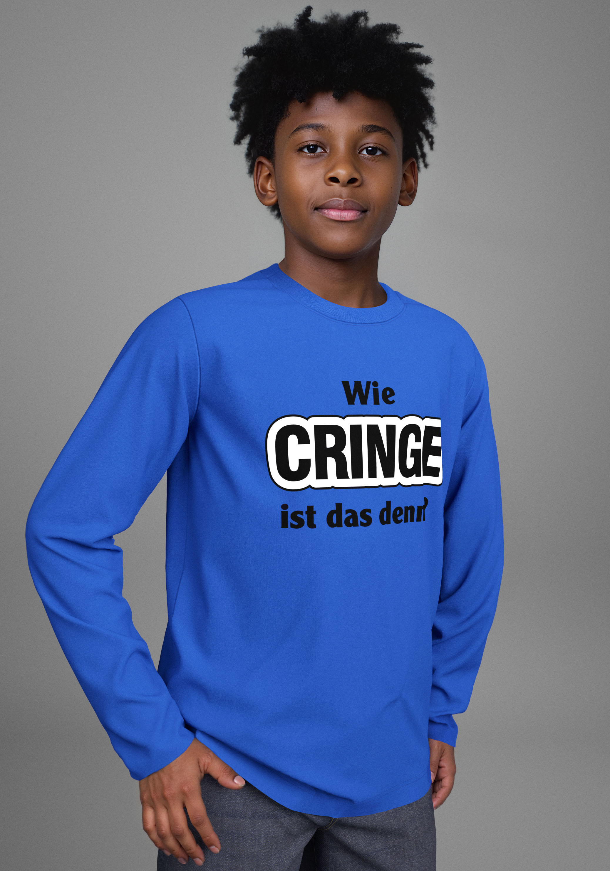 Langarmshirt KIDSWORLD "Spruch: Wie CRINGE ist das denn?", Jungen, Gr. 128/134, blau (royalblau), Single Jersey, Obermaterial: 100% Baumwolle, bedruckt, Basic, Rundhals, Shirts Langarmshirt, Sprücheshirt, immer einen lässigen Spruch