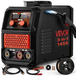 VEVOR 145A MIG-Schweißgerät 3-in-1 Lift-TIG/ Gaslos-Fülldraht/MMA-Schweißen, Trgabare Schweißmaschine für Werkstatt Garage Heimwerker, IGBT-Inverter, Synergiesteuerung, Digitalanzeige, Überlastschutz