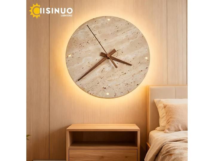 Wabi-sabi applique en travertin jaune avec horloge ronde pierre de grotte naturelle lumières de chambre à coucher pour chevet salon escalier Foyer