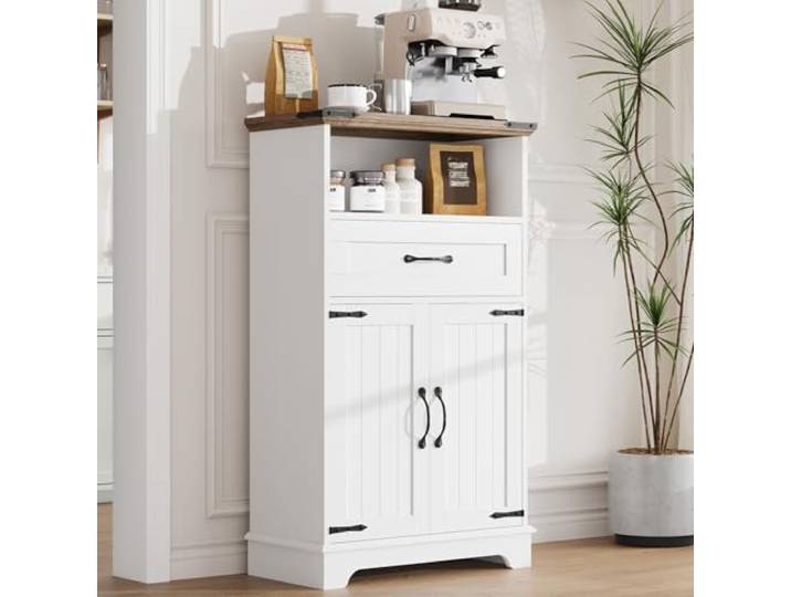 GarveeMore Buffet Für Landhaus Mit Türen & Schubladen, Freistehendes Badezimmer-Schrank Für Küche Wäscherei Wohnzimmer Schlafzimmer, Kitchen Cabinet Sideboard, 60×30×102 h cm, Weiß