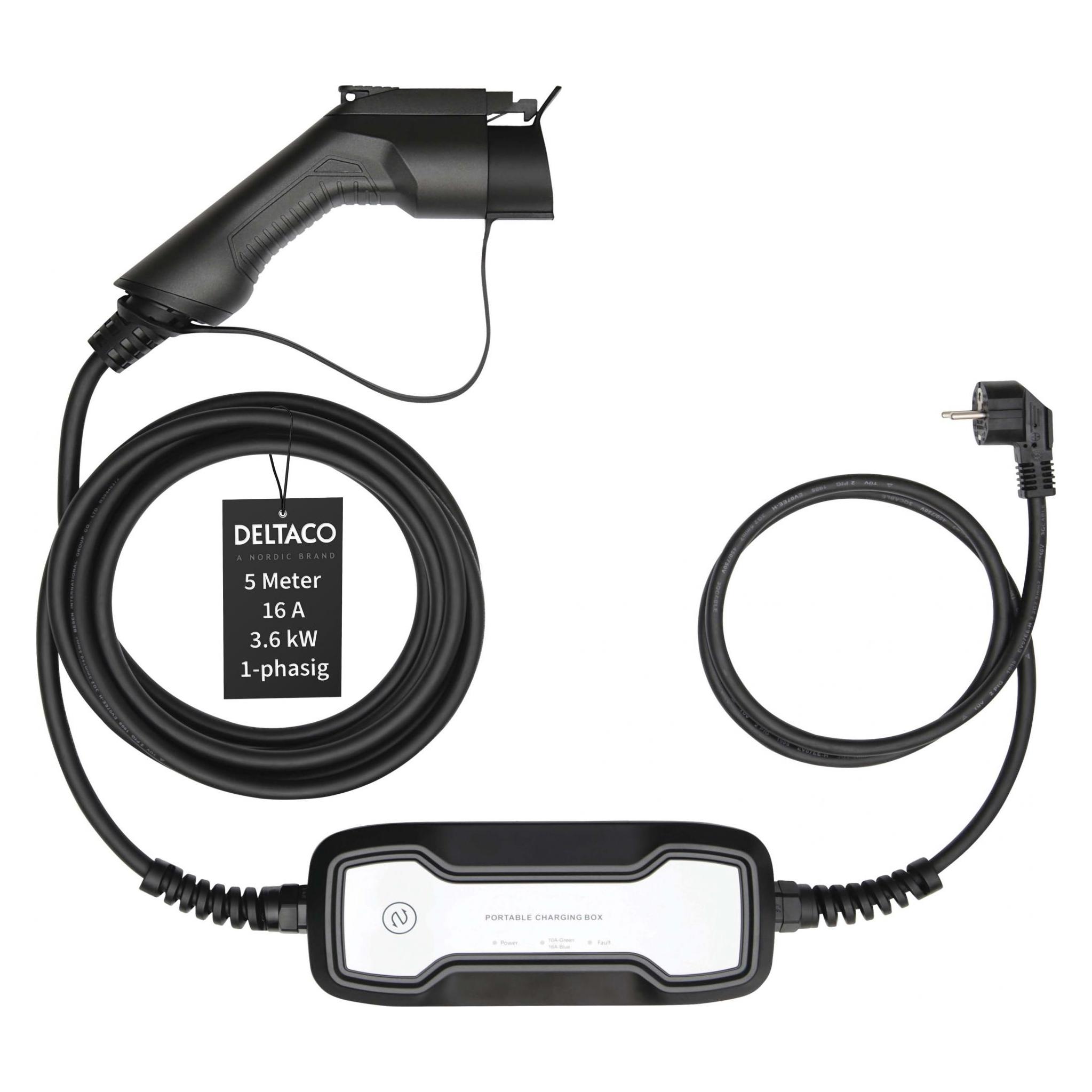 Deltaco Electric car charging cable Schuko - Type 1, 1 phase, 3.6KW, 5m, black (3.60 kW, 16 A, 6 m) (EV-1125)