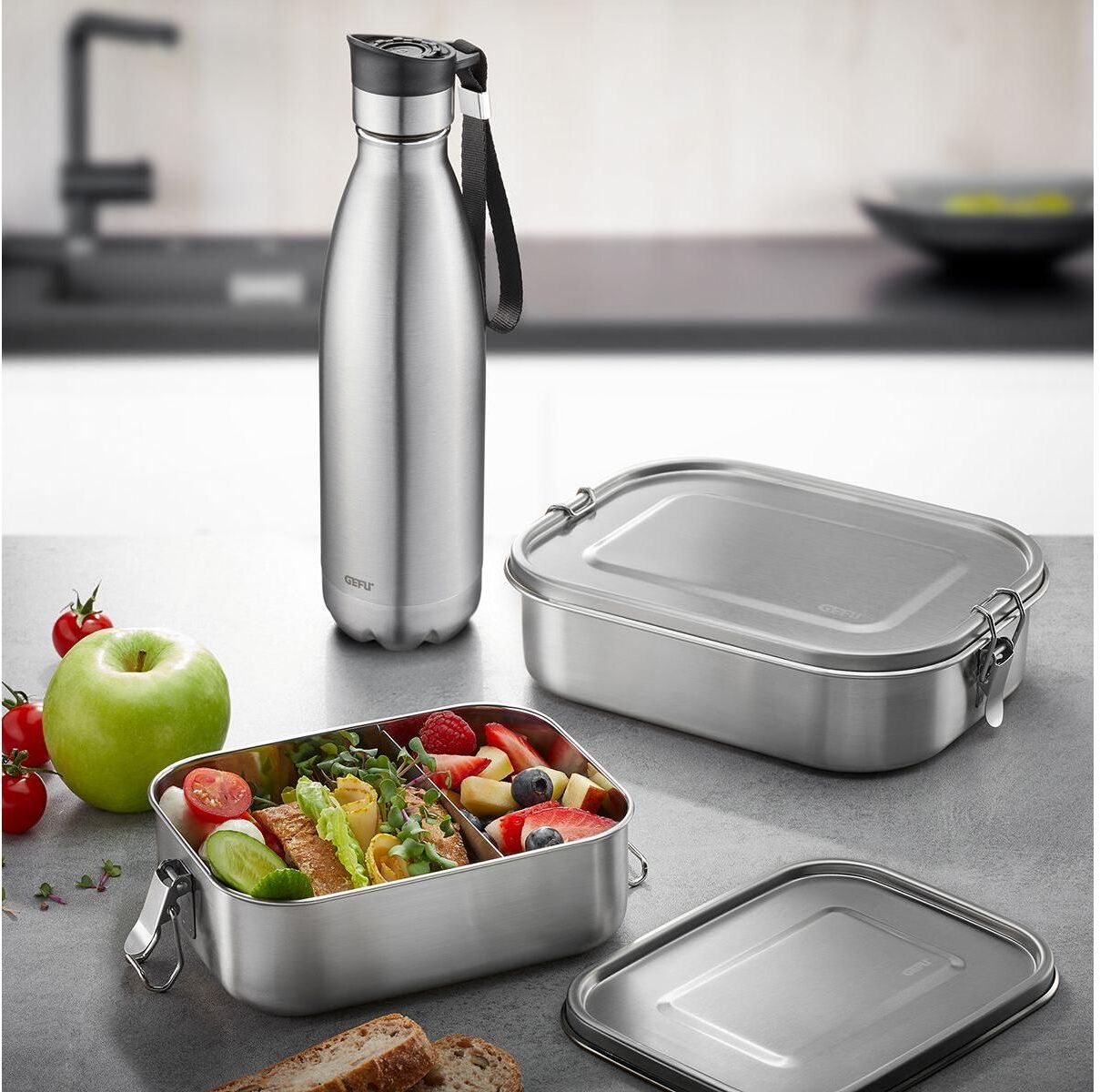 Lunchbox GEFU "Lunchbox Endure, 1.400 ml", silber, B:16,5cm H:6,3cm, Lebensmittelaufbewahrungsbehälter, Lunchbox silber B/H/L: 16,5cm x 6,3cm