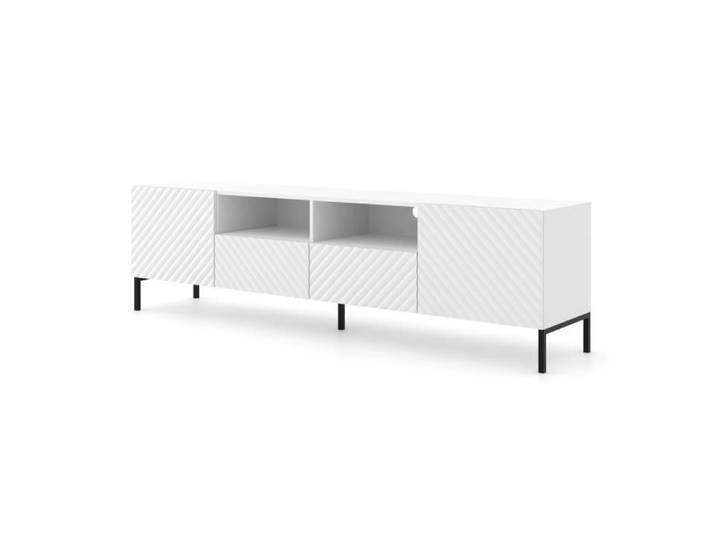 Meuble TV SURF 200 cm 2D2S façades fraisées blanc mat sur pieds noirs