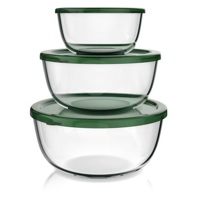 Arendo Salatschüssel, 3er Set mit Deckel, Glasschüssel 1,1L / 2,7L / 4,4L, Glas Rührschüssel, transparent/dunkelgrün