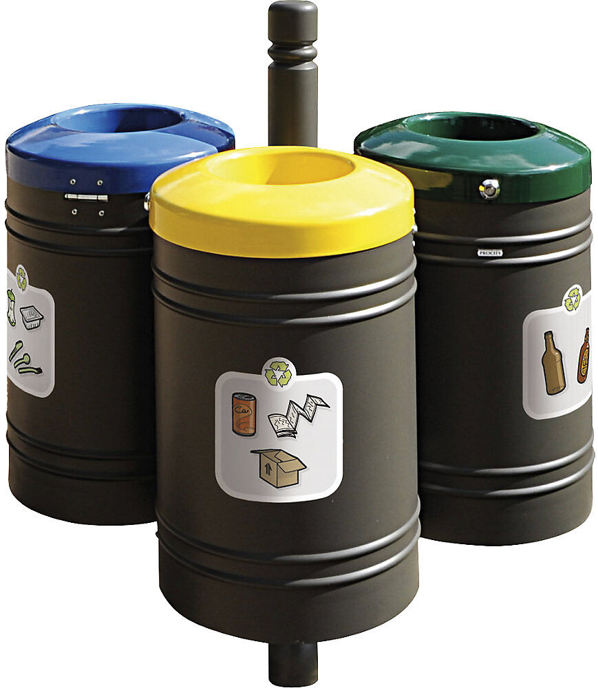 Außen-Abfallbehälter GUSTAVIA, Volumen 3 x 40 l, mit Aufkleberset, grau PROCITY