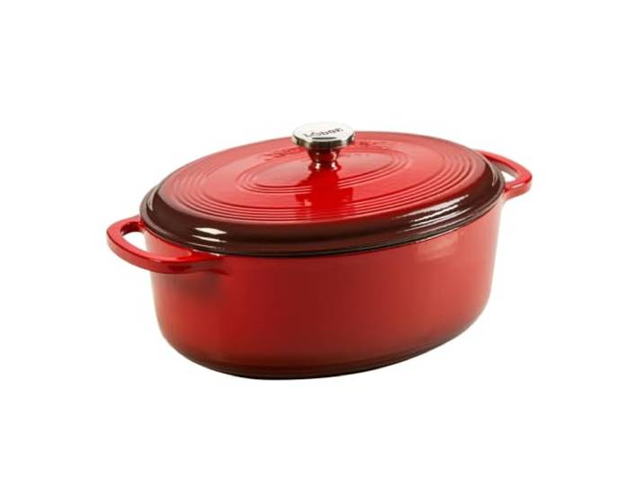 Lodge Schmortopf aus emailliertem Gusseisen, oval, mit Deckel, 7 Quart, Rot Kochtopf in Familiengröße mit zwei Griffen für Sauerteigbrot Backen und tägliches Kochen, emailliertes Gusseisen