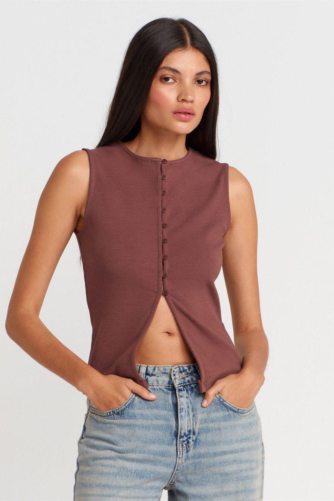 Rippenshirt Ärmellos mit Knopfleiste