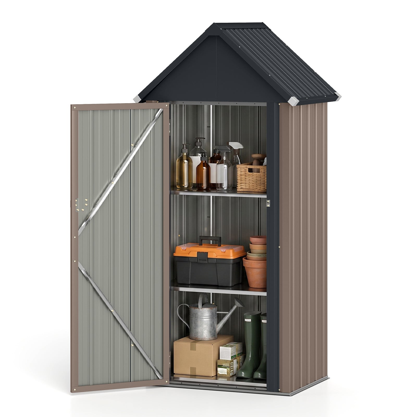 Costway Metalen Tuinschuur met Afsluitbare Deur in Warmgrijs