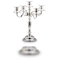 Kerzenhalter 5-lichtig versilbert runder Fuß, H 38,0cm D 33,5cm Fuß-D 13,0cm