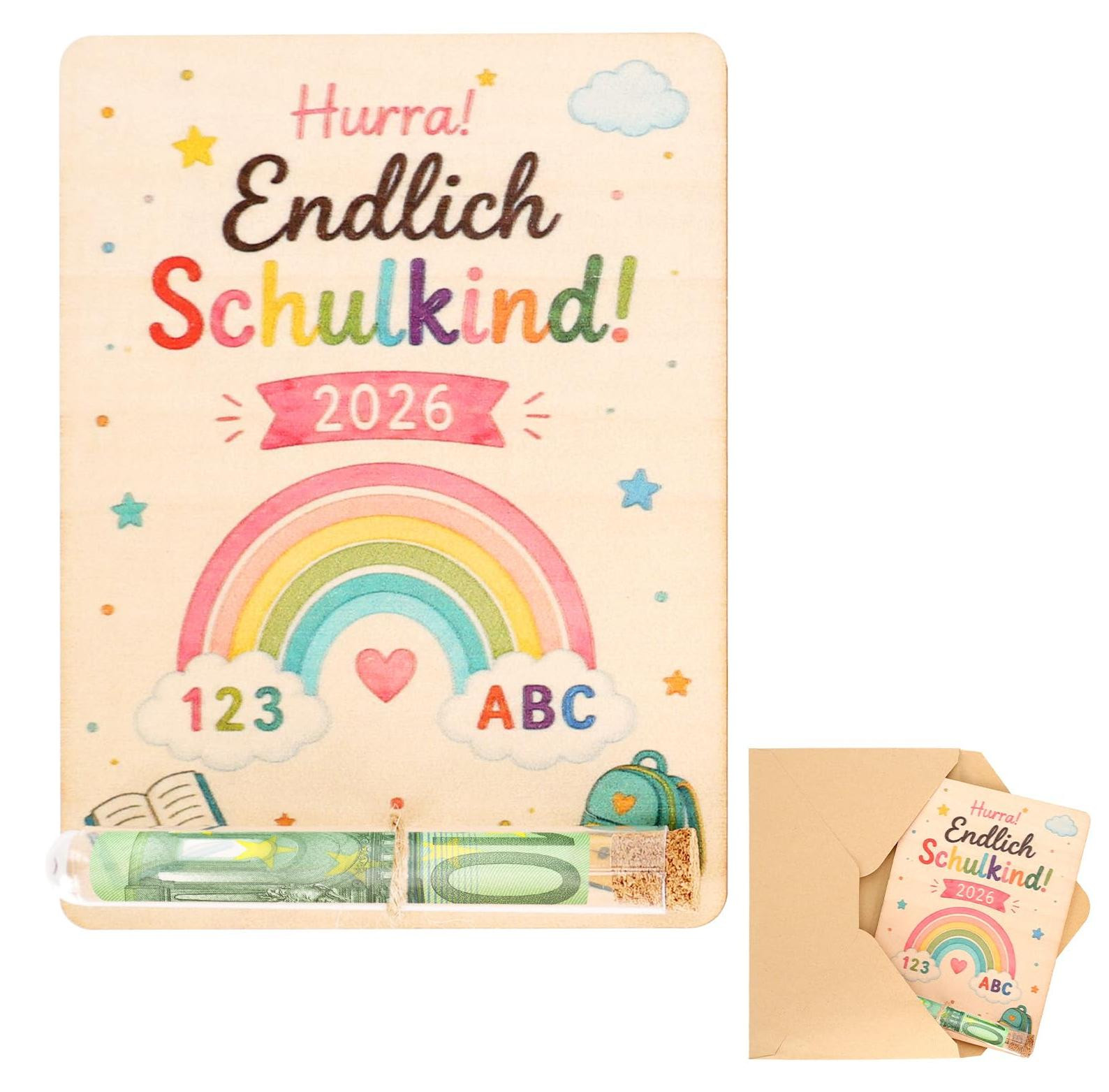 Solidchoice Set met houten kaart en reagenzglas voor geld als cadeau voor de basisschool