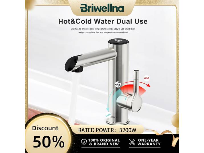 Robinet chauffant électrique Briwellna en acier inoxydable pour salle de bain, 220V, robinet à eau chaude, chauffe-eau instantané