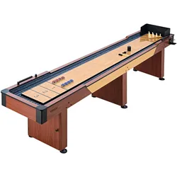 VEVOR Shuffleboard-Tisch 3,7 m 2-in-1 mit Bowling-Set und 8 Pucks Indoor, Shuffleboard mit Rustikaler Holzoptik, Kratzfester Spielfläche, Wachs und Bürste, für das Familienspielzimmer zu Hause
