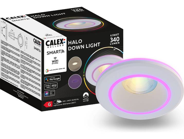 Calex Smart LED Einbaustrahler Halo, Weiß, RGB-Farben & kalt- bis warmweiß Licht, dimmbar, WLAN App- & Sprachsteuerung