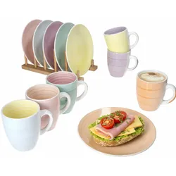 12tlg Frühstücksset Pastello Steingut Teller Becher pastell-Farben 6 Personen